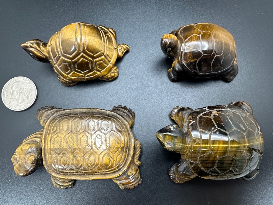 Set Of Four Hand Carved Tiger's Eye Chatoyant Gemstone Turtle Figurines [Photo 13]