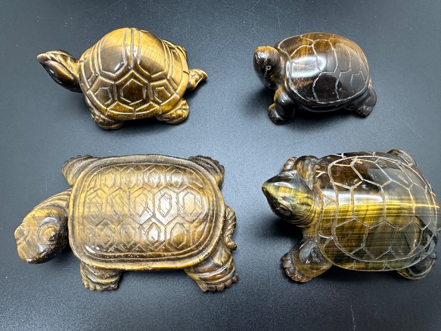 Set Of Four Hand Carved Tiger's Eye Chatoyant Gemstone Turtle Figurines [Photo 2]