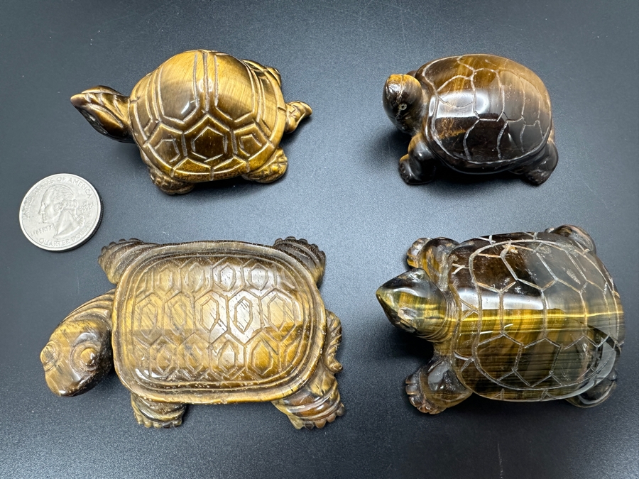 Set Of Four Hand Carved Tiger's Eye Chatoyant Gemstone Turtle Figurines [Photo 12]