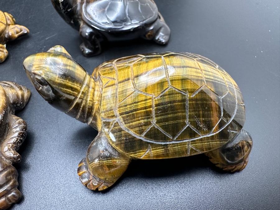 Set Of Four Hand Carved Tiger's Eye Chatoyant Gemstone Turtle Figurines [Photo 6]