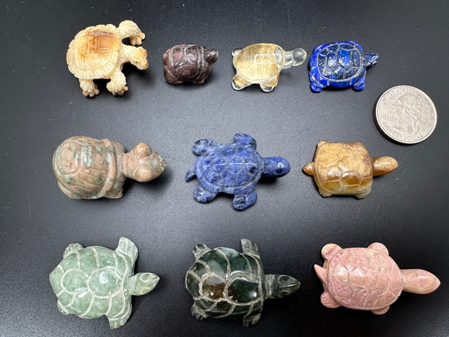 Collection Of Ten Hand Carved Miniature Turtle Figurines Of Various Stones [Photo 2]