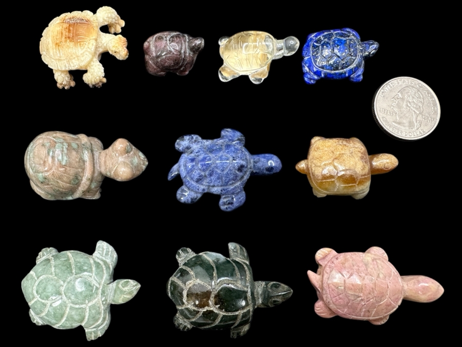 Collection Of Ten Hand Carved Miniature Turtle Figurines Of Various Stones [Photo 1]