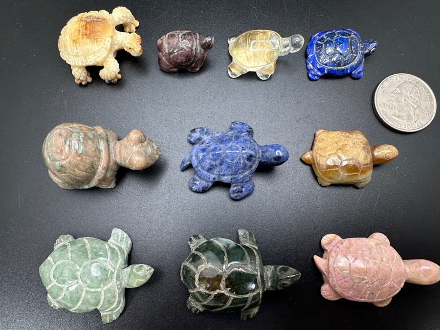 Collection Of Ten Hand Carved Miniature Turtle Figurines Of Various Stones [Photo 3]