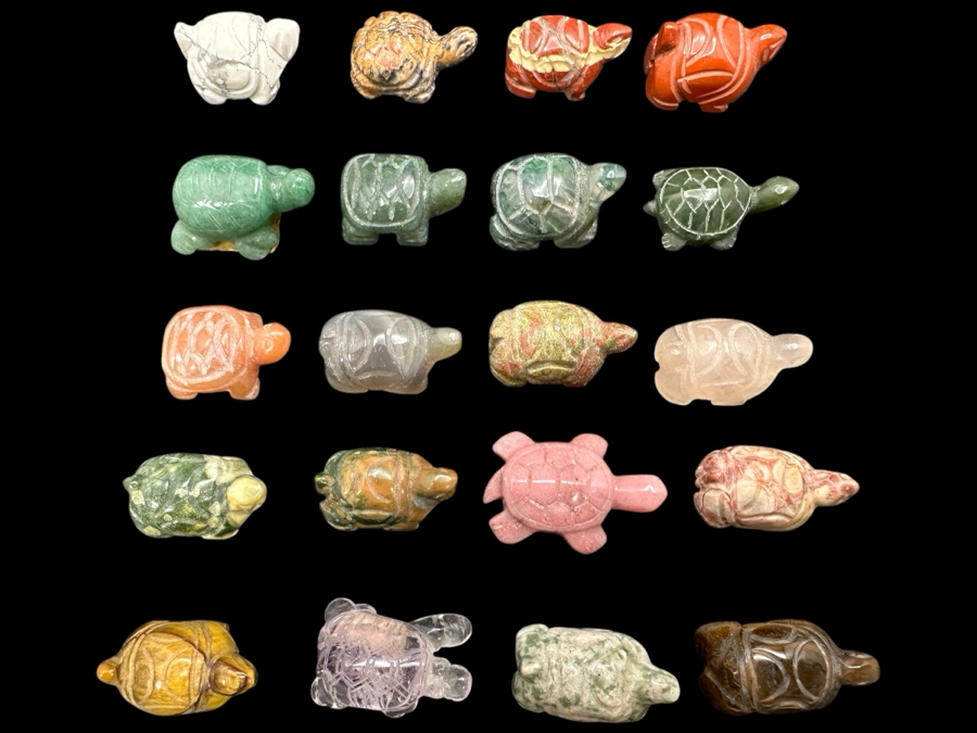 Collection Of Twenty Hand Carved Miniature Turtle Figurines Of Various Stones [Photo 1]