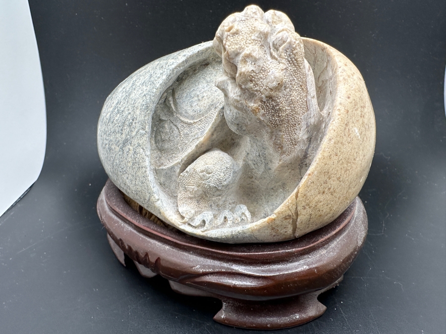 Stunning Vintage Hand-Carved Stone Turtle Emerging From Egg with Writing 84.7g [Photo 9]