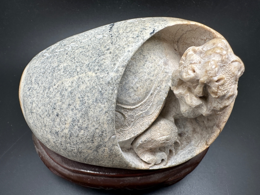 Stunning Vintage Hand-Carved Stone Turtle Emerging From Egg with Writing 84.7g [Photo 6]