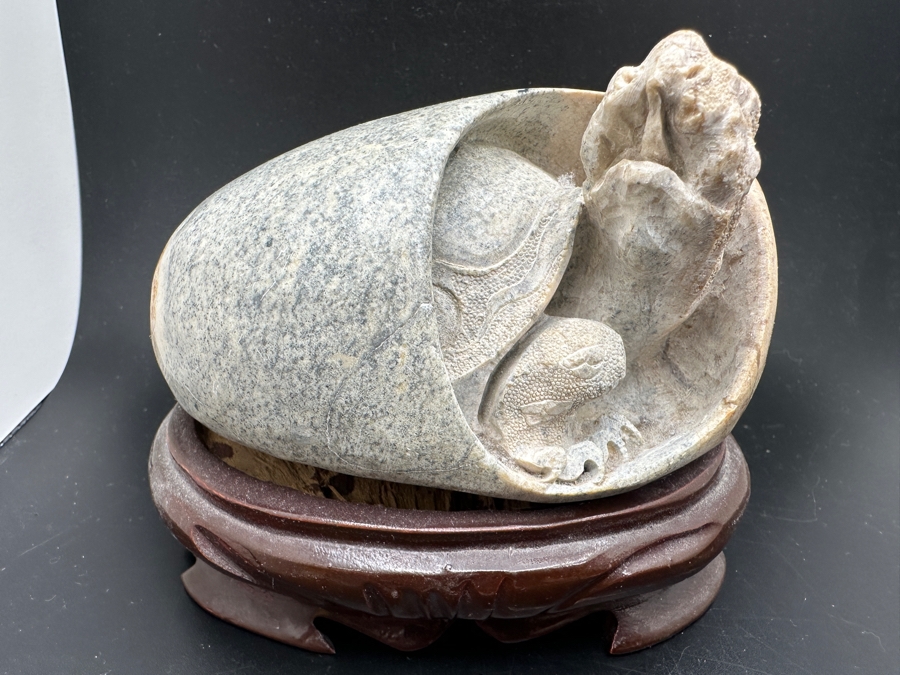 Stunning Vintage Hand-Carved Stone Turtle Emerging From Egg with Writing 84.7g [Photo 5]
