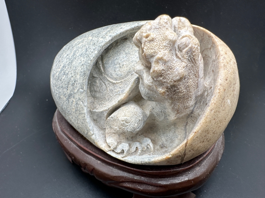 Stunning Vintage Hand-Carved Stone Turtle Emerging From Egg with Writing 84.7g [Photo 8]