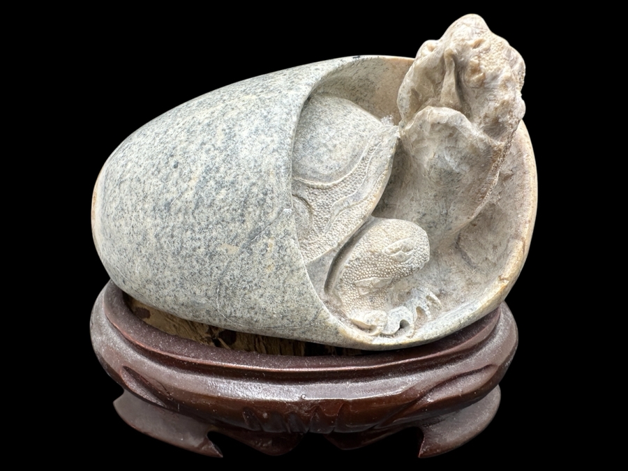 Stunning Vintage Hand-Carved Stone Turtle Emerging From Egg with Writing 84.7g [Photo 1]