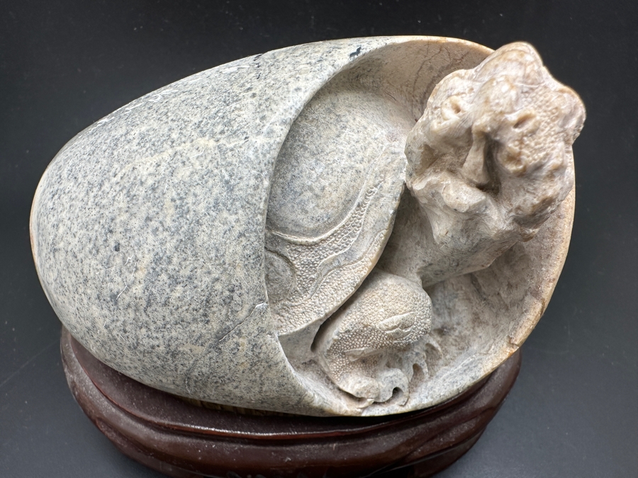 Stunning Vintage Hand-Carved Stone Turtle Emerging From Egg with Writing 84.7g [Photo 7]