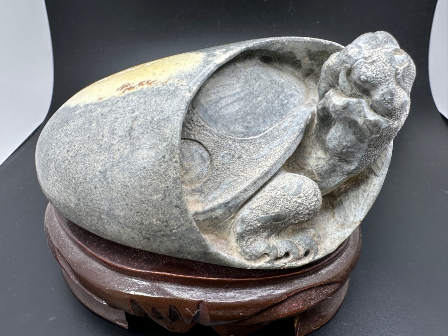 Stunning Vintage Hand-Carved Stone Turtle Emerging From Egg with Writing 74.6g [Photo 2]
