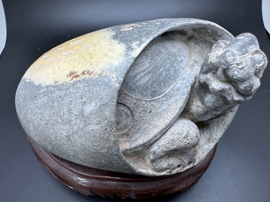 Stunning Vintage Hand-Carved Stone Turtle Emerging From Egg with Writing 74.6g [Photo 4]