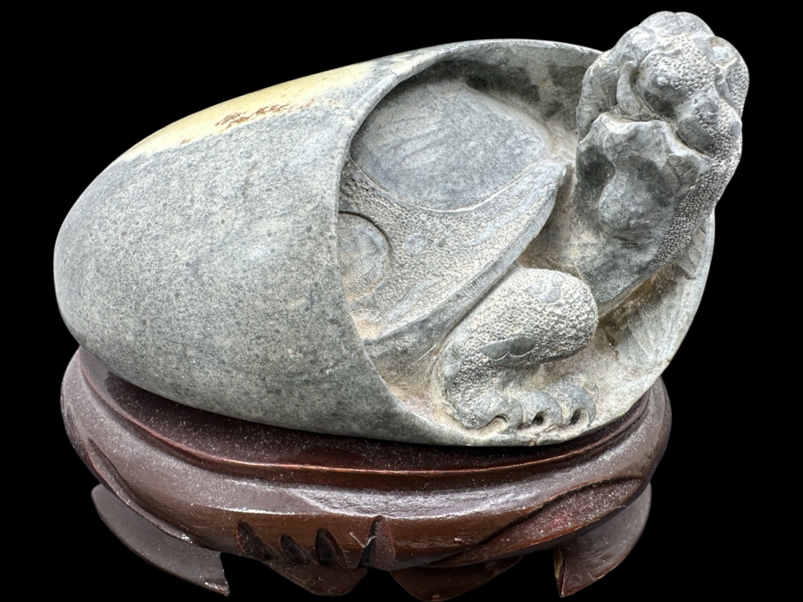 Stunning Vintage Hand-Carved Stone Turtle Emerging From Egg with Writing 74.6g [Photo 1]
