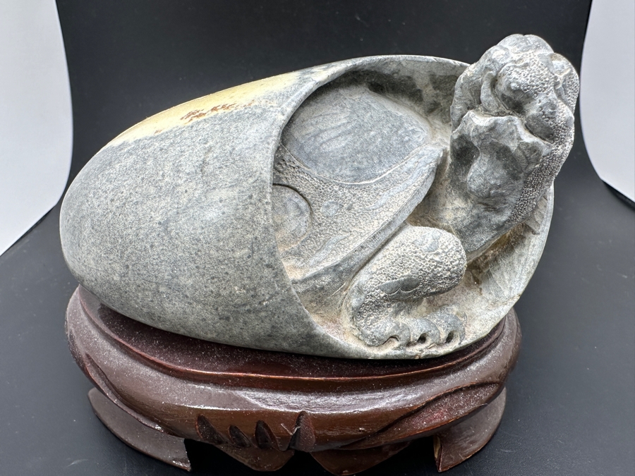 Stunning Vintage Hand-Carved Stone Turtle Emerging From Egg with Writing 74.6g [Photo 3]