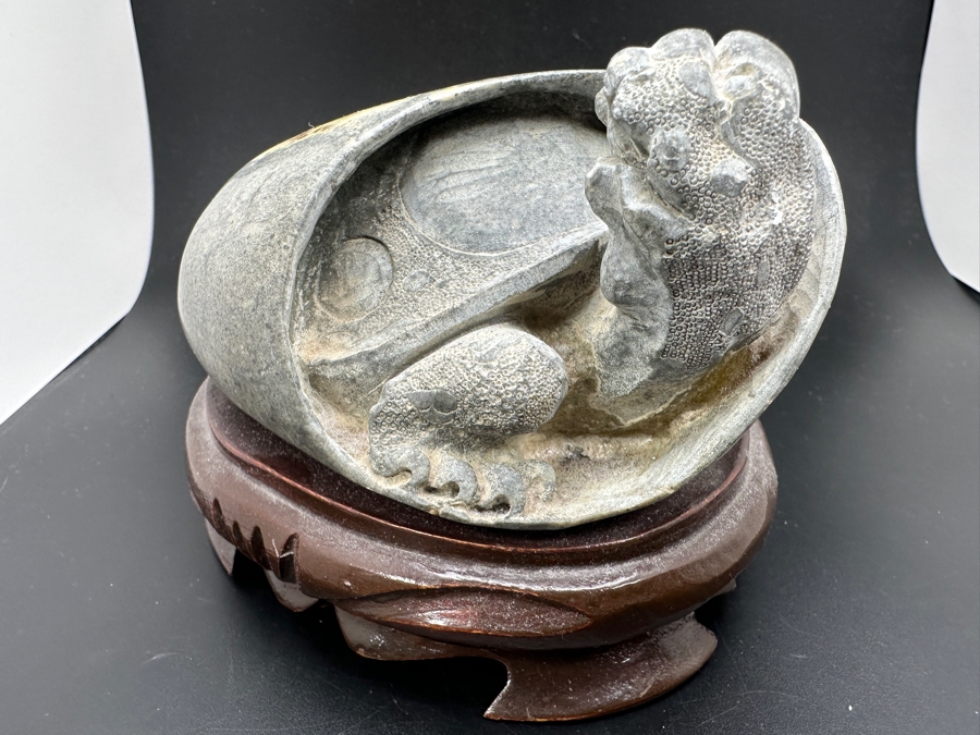 Stunning Vintage Hand-Carved Stone Turtle Emerging From Egg with Writing 74.6g [Photo 6]