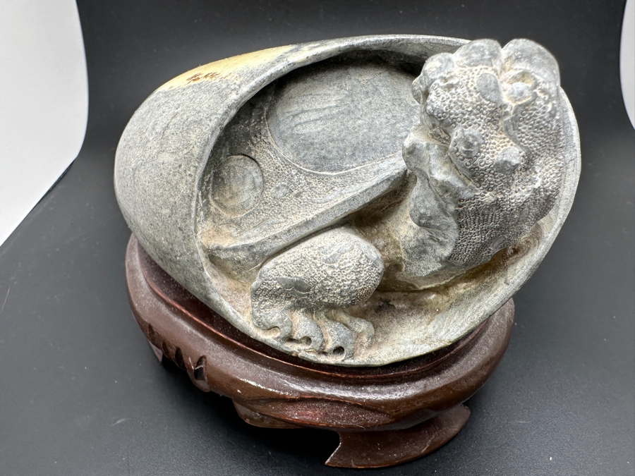 Stunning Vintage Hand-Carved Stone Turtle Emerging From Egg with Writing 74.6g [Photo 5]