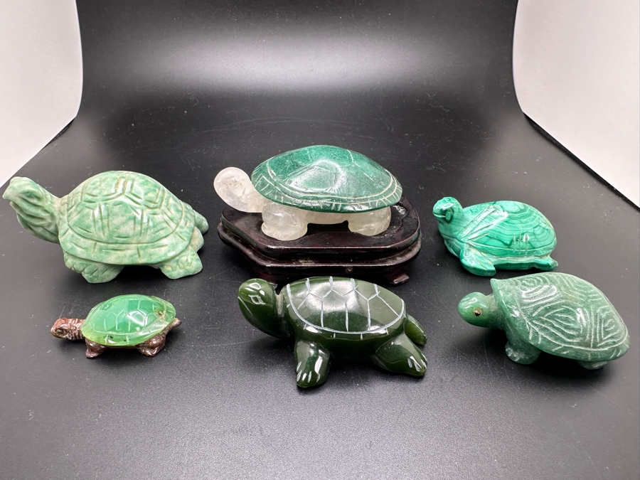 Six Carved Stone Turtle Figurines Jade Malachite 318g [Photo 4]