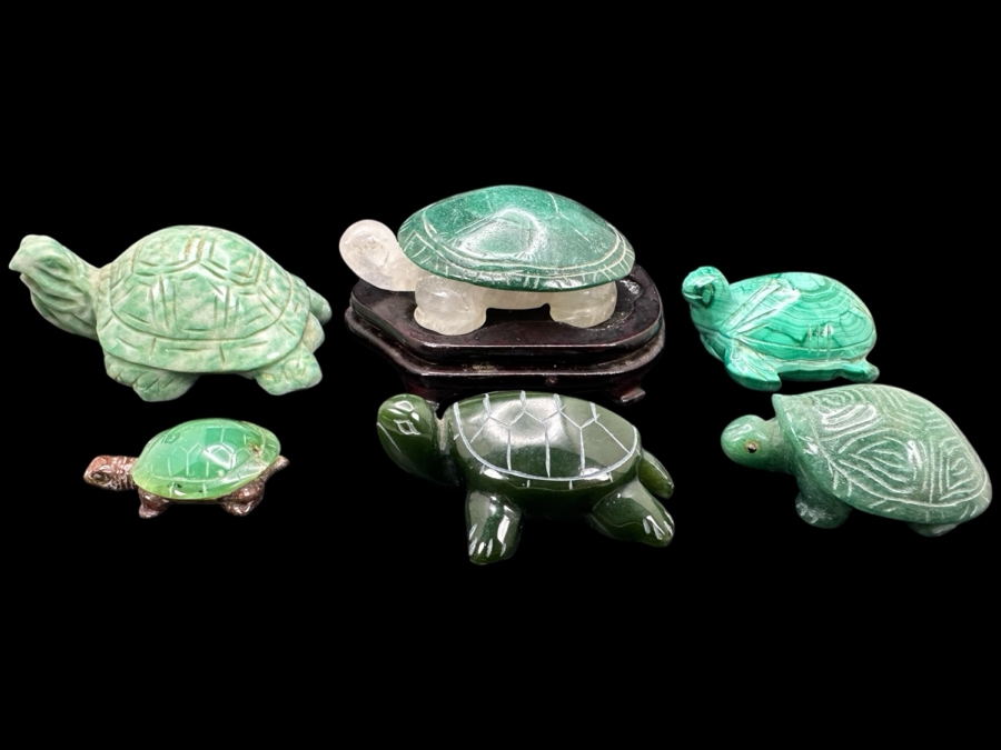 Six Carved Stone Turtle Figurines Jade Malachite 318g [Photo 1]