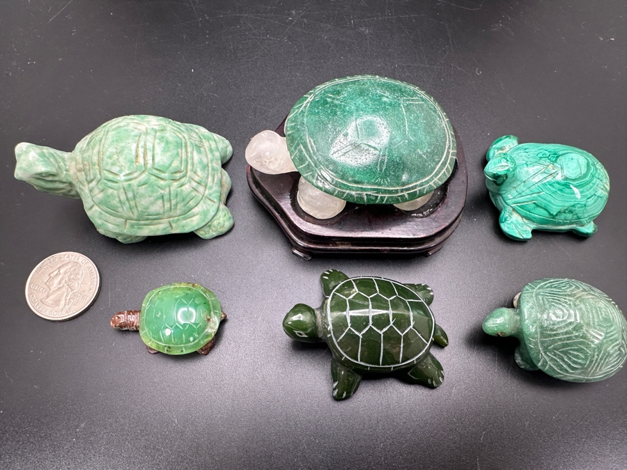 Six Carved Stone Turtle Figurines Jade Malachite 318g [Photo 6]