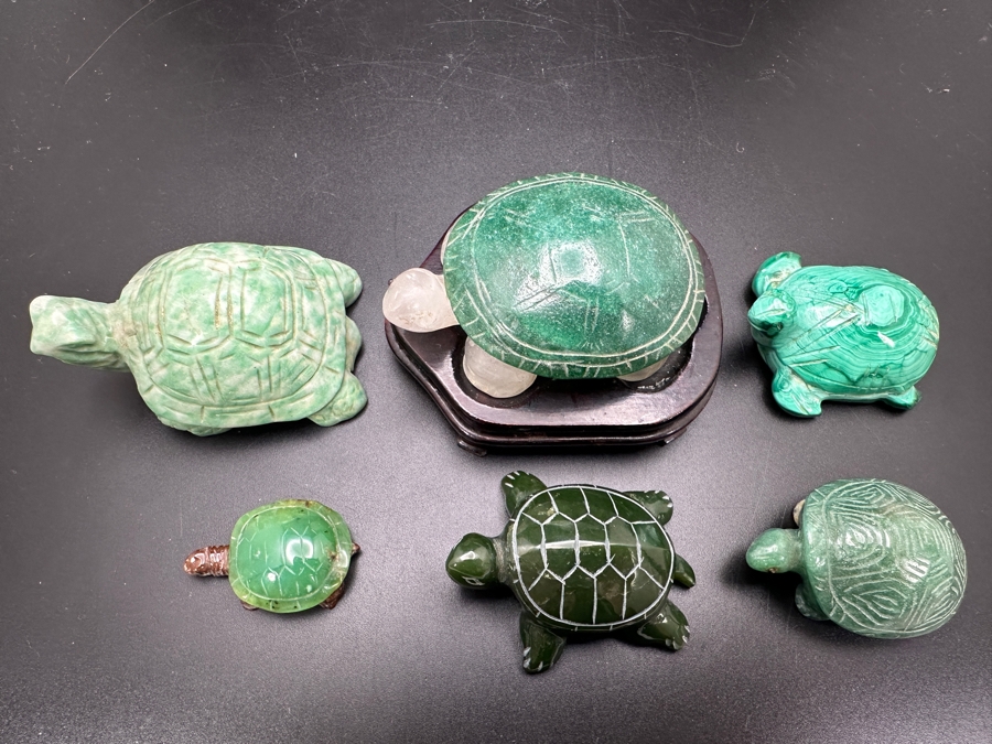 Six Carved Stone Turtle Figurines Jade Malachite 318g [Photo 3]