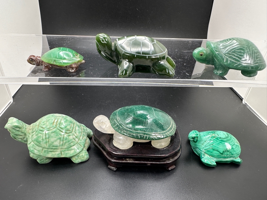 Six Carved Stone Turtle Figurines Jade Malachite 318g [Photo 2]