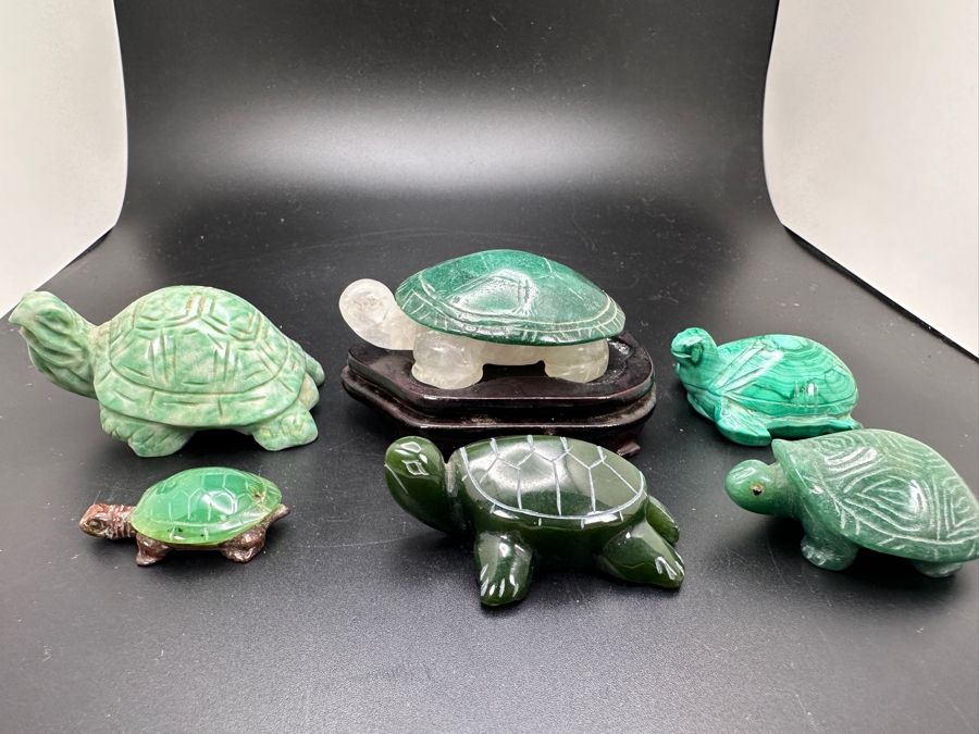 Six Carved Stone Turtle Figurines Jade Malachite 318g [Photo 5]