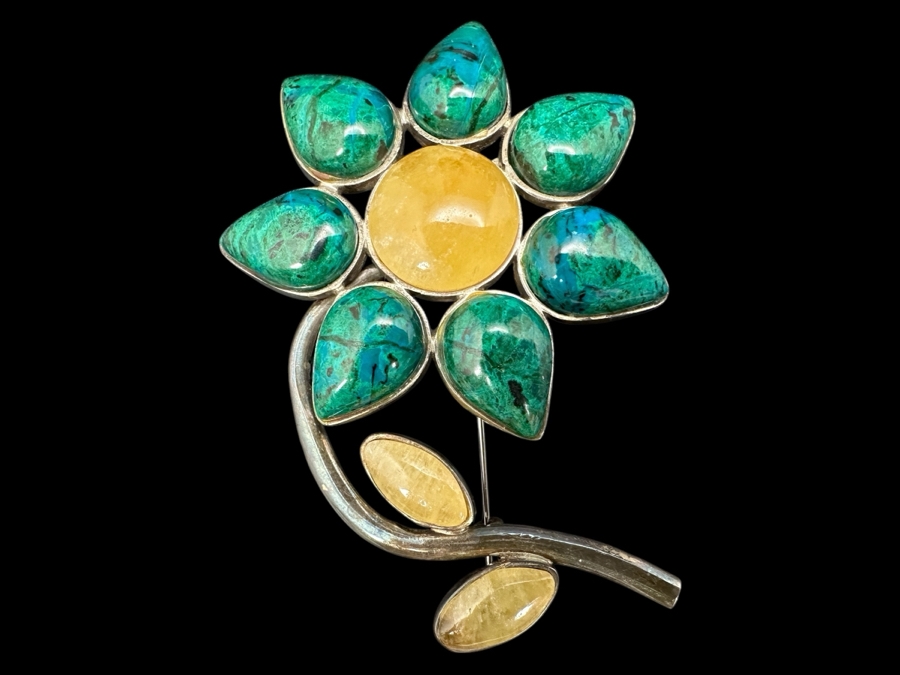 Vintage Signed Sterling Silver Brooch Pin Set With Various Cabochon Stones 47g