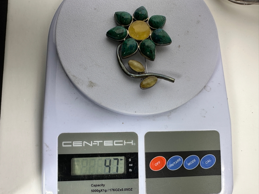 Vintage Signed Sterling Silver Brooch Pin Set With Various Cabochon Stones 47g [Photo 10]