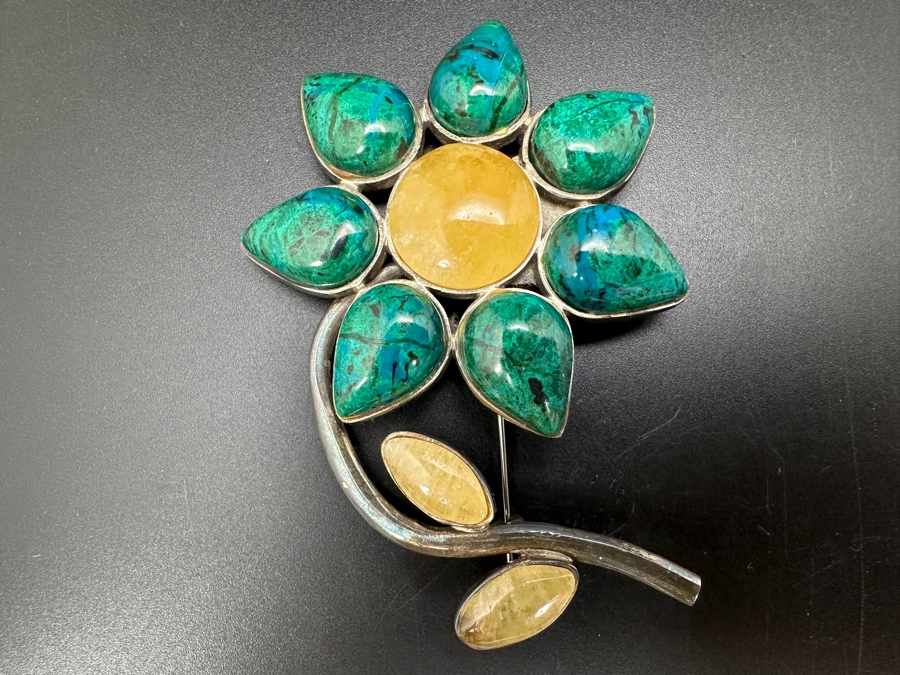 Vintage Signed Sterling Silver Brooch Pin Set With Various Cabochon Stones 47g [Photo 2]