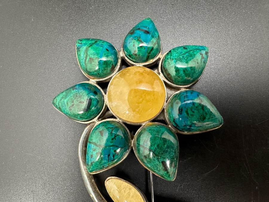 Vintage Signed Sterling Silver Brooch Pin Set With Various Cabochon Stones 47g [Photo 3]