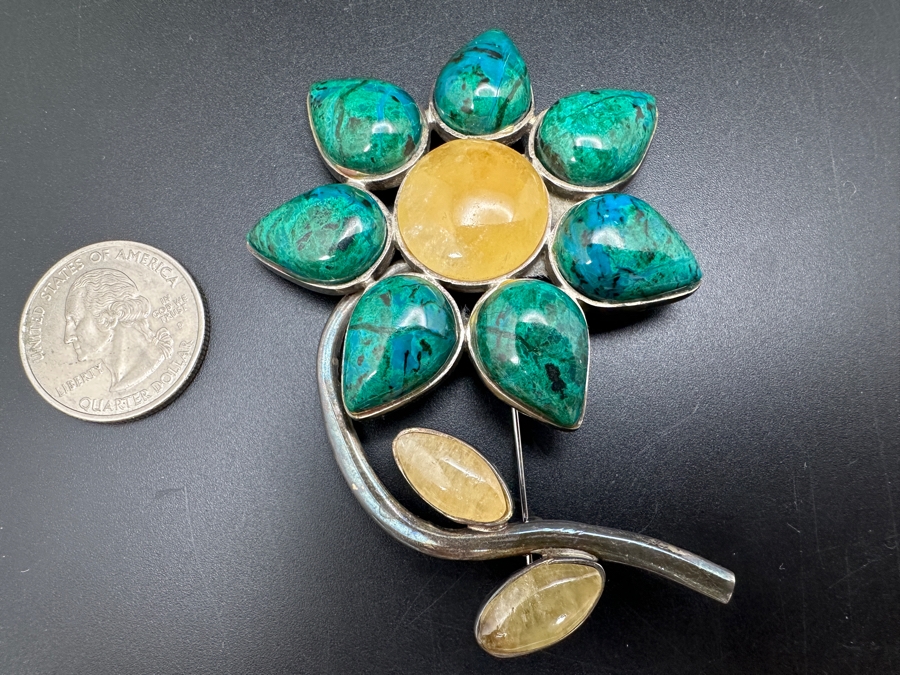 Vintage Signed Sterling Silver Brooch Pin Set With Various Cabochon Stones 47g [Photo 4]