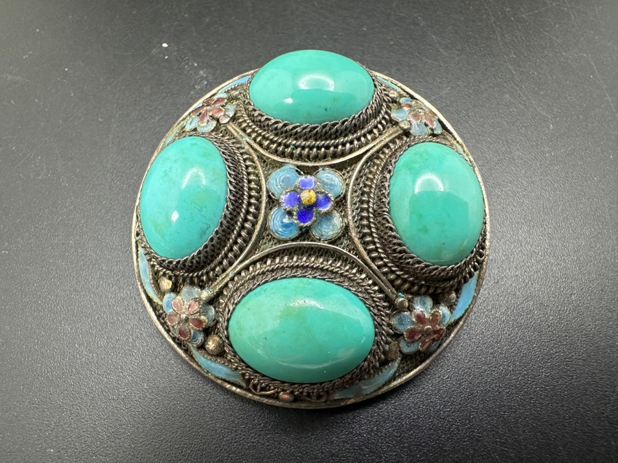 Vintage Filigree Silver Brooch Pin With Cabochon Turquoise 18g [Photo 2]