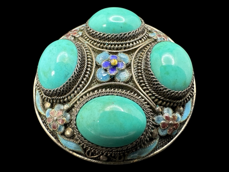 Vintage Filigree Silver Brooch Pin With Cabochon Turquoise 18g