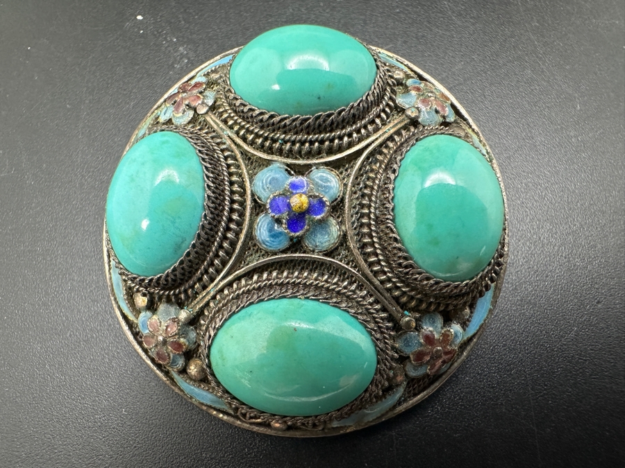 Vintage Filigree Silver Brooch Pin With Cabochon Turquoise 18g [Photo 4]