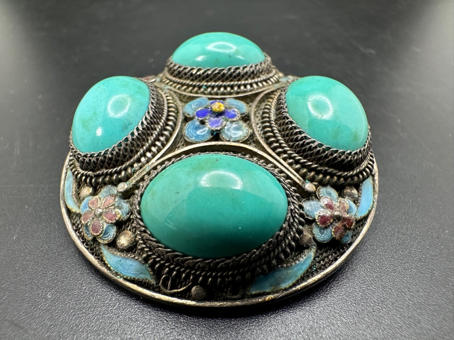 Vintage Filigree Silver Brooch Pin With Cabochon Turquoise 18g [Photo 5]