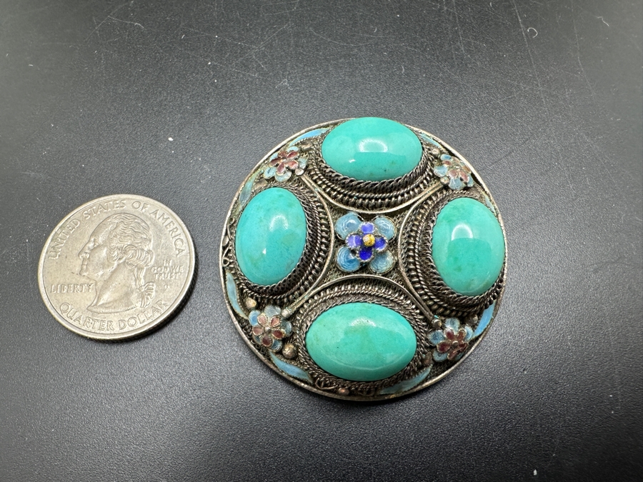Vintage Filigree Silver Brooch Pin With Cabochon Turquoise 18g [Photo 8]