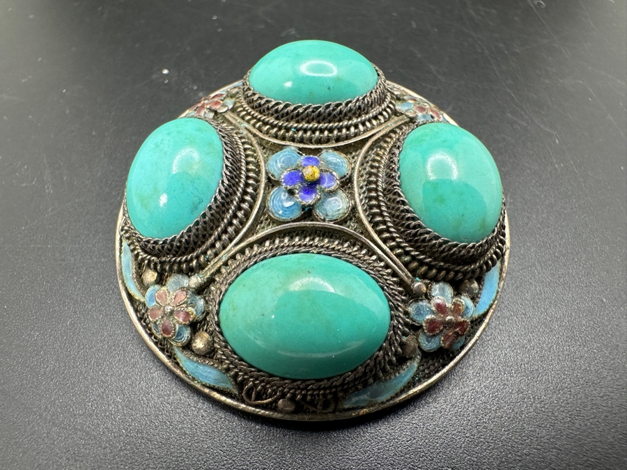 Vintage Filigree Silver Brooch Pin With Cabochon Turquoise 18g [Photo 3]