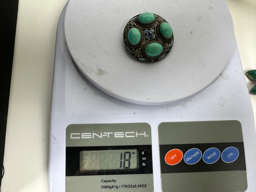 Vintage Filigree Silver Brooch Pin With Cabochon Turquoise 18g [Photo 9]