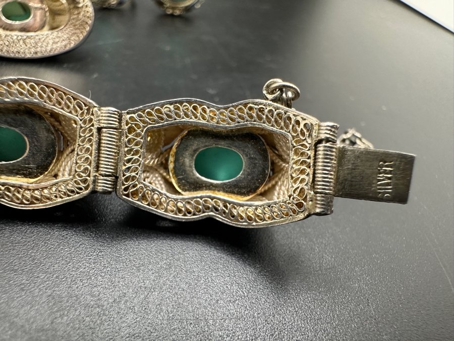Vintage Filigree Silver Bracelet, Brooch Pin, Ring Size 4 And Earrings Set With Cabochon Turquoise Total Weight 45g [Photo 14]