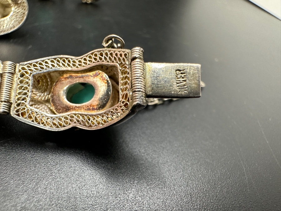 Vintage Filigree Silver Bracelet, Brooch Pin, Ring Size 4 And Earrings Set With Cabochon Turquoise Total Weight 45g [Photo 13]
