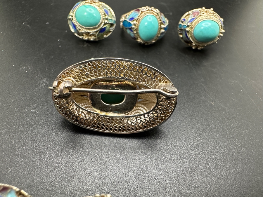 Vintage Filigree Silver Bracelet, Brooch Pin, Ring Size 4 And Earrings Set With Cabochon Turquoise Total Weight 45g [Photo 11]