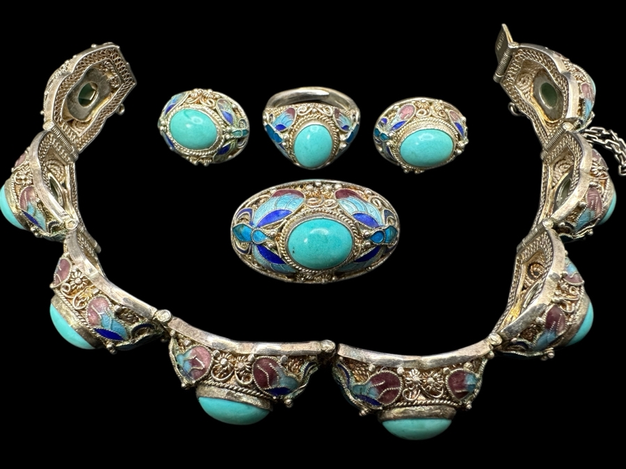 Vintage Filigree Silver Bracelet, Brooch Pin, Ring Size 4 And Earrings Set With Cabochon Turquoise Total Weight 45g