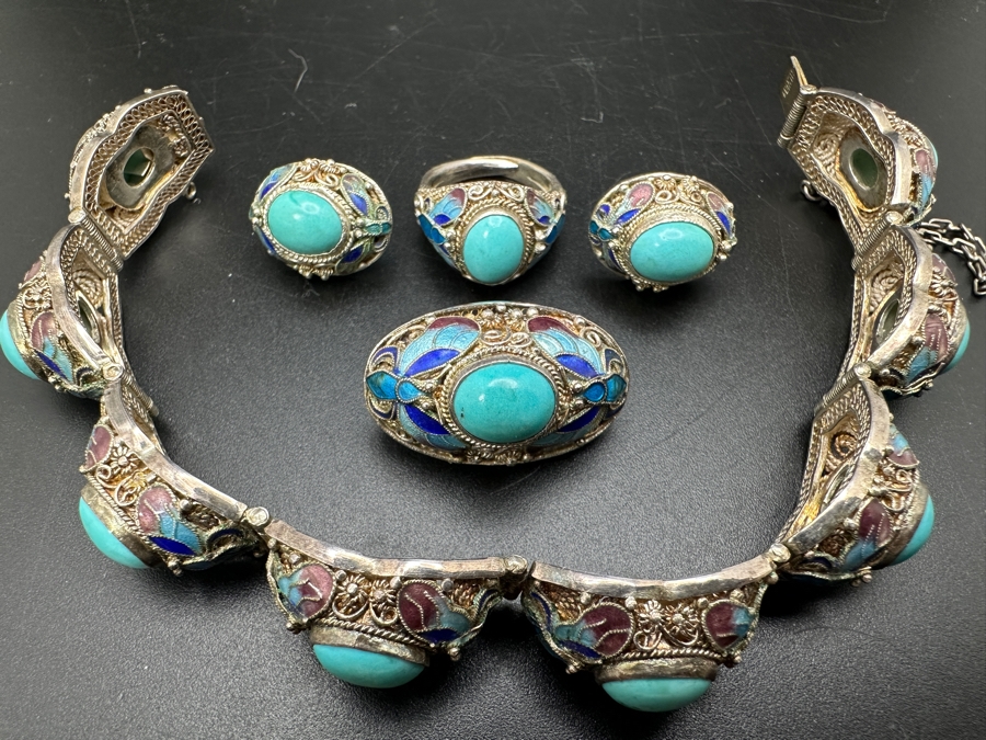 Vintage Filigree Silver Bracelet, Brooch Pin, Ring Size 4 And Earrings Set With Cabochon Turquoise Total Weight 45g [Photo 3]