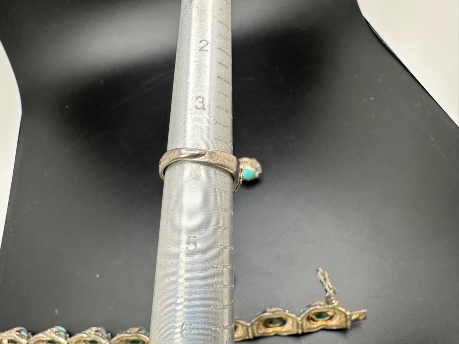 Vintage Filigree Silver Bracelet, Brooch Pin, Ring Size 4 And Earrings Set With Cabochon Turquoise Total Weight 45g [Photo 15]