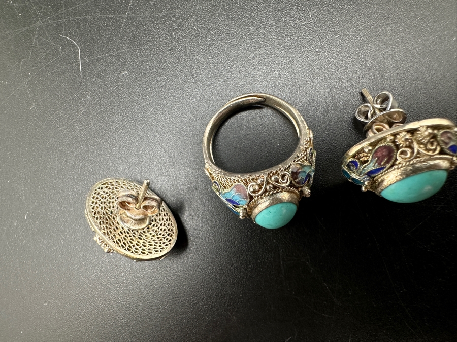 Vintage Filigree Silver Bracelet, Brooch Pin, Ring Size 4 And Earrings Set With Cabochon Turquoise Total Weight 45g [Photo 12]