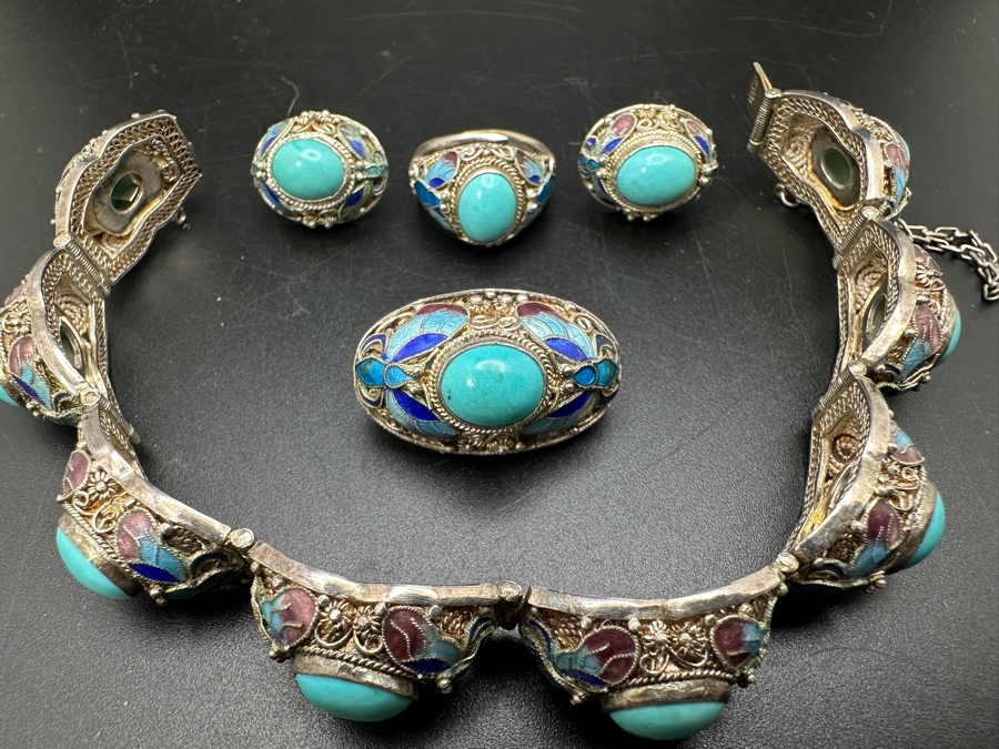 Vintage Filigree Silver Bracelet, Brooch Pin, Ring Size 4 And Earrings Set With Cabochon Turquoise Total Weight 45g [Photo 2]