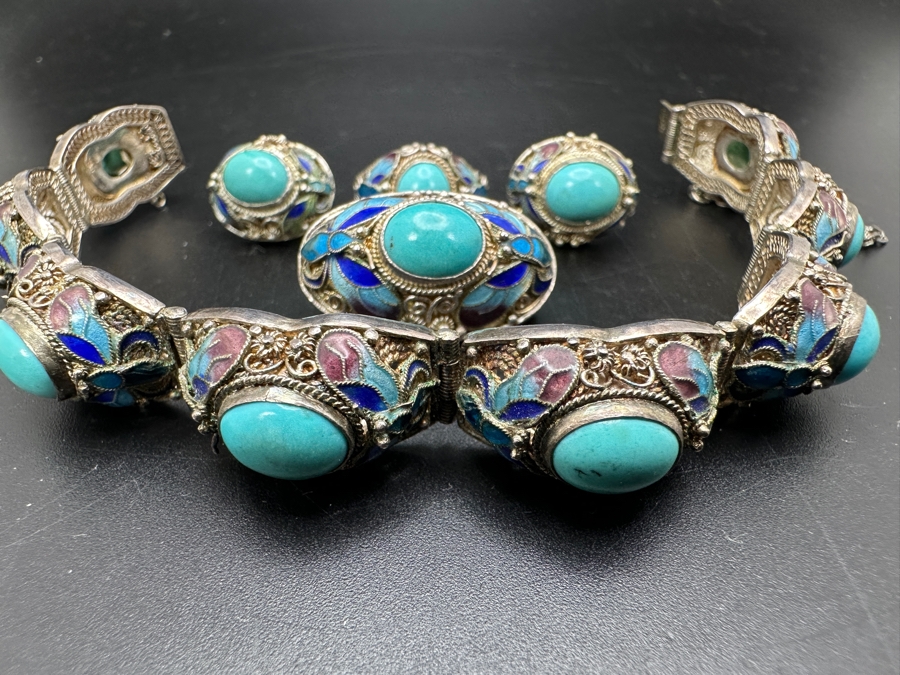 Vintage Filigree Silver Bracelet, Brooch Pin, Ring Size 4 And Earrings Set With Cabochon Turquoise Total Weight 45g [Photo 5]