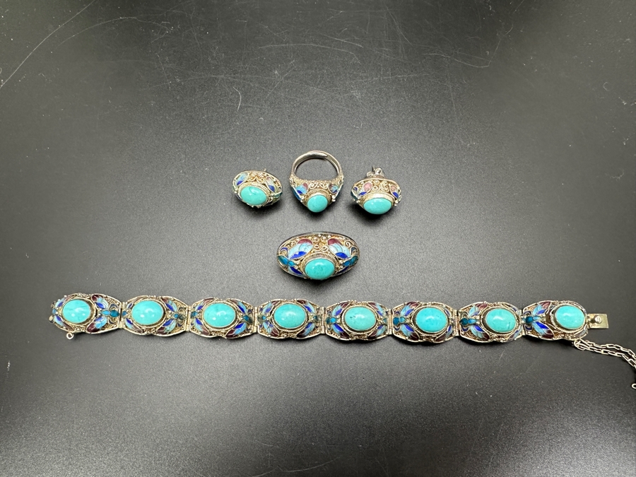 Vintage Filigree Silver Bracelet, Brooch Pin, Ring Size 4 And Earrings Set With Cabochon Turquoise Total Weight 45g [Photo 8]