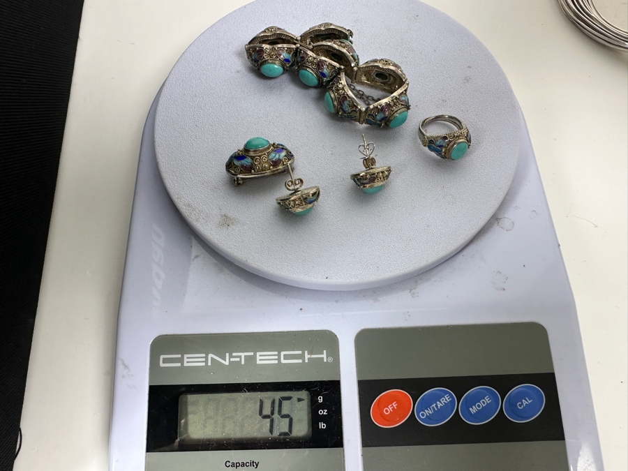 Vintage Filigree Silver Bracelet, Brooch Pin, Ring Size 4 And Earrings Set With Cabochon Turquoise Total Weight 45g [Photo 16]