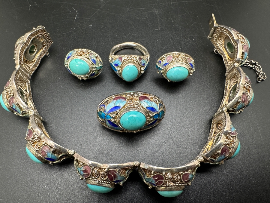 Vintage Filigree Silver Bracelet, Brooch Pin, Ring Size 4 And Earrings Set With Cabochon Turquoise Total Weight 45g [Photo 4]